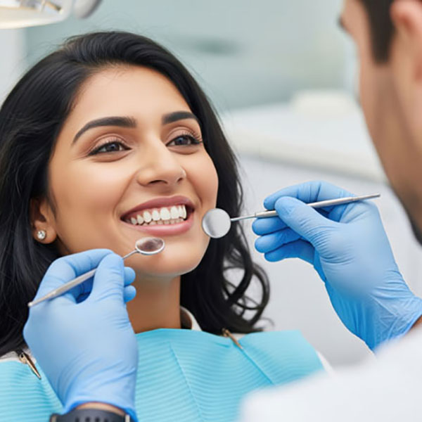 Happy patient getting dental check-up at modern clinic. Routine Cleaning