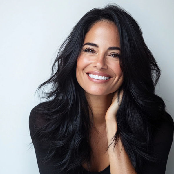 beautiful latina model woman in her 40s with long hair portrait Exam
